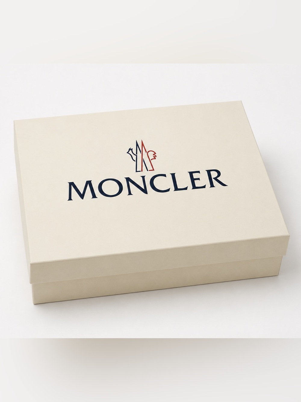 Large Jacket Magnetic Moncler Cream Box with Navy Logo and Red Accent